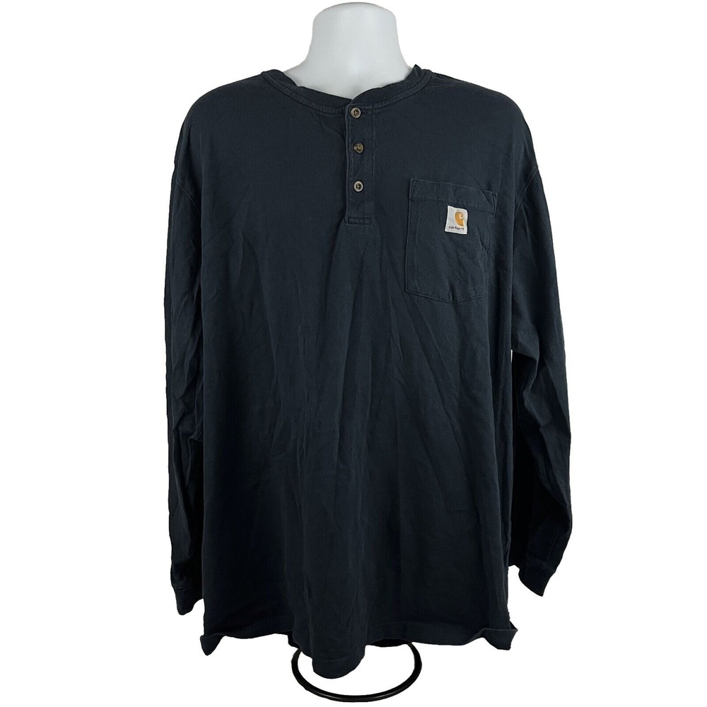 Carhartt Men 2XL‎ Original Fit Long Sleeve Blue Henley Pocket Logo T Shirt